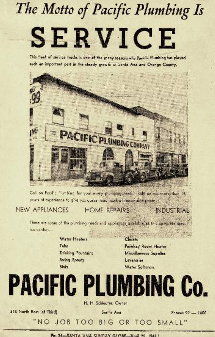 An old advertisement for Pacific Plumbing of Southern California with a picture of the building and mention of their services